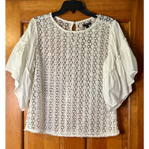 Stella & Dot White Crochet Lace Blouse Large Boho Romantic Flutter Sleeve